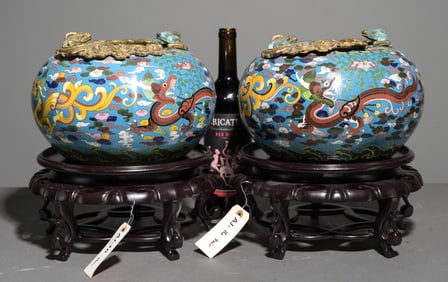 Cloisonne Pair of Bronze Mounted Bowls with Stands