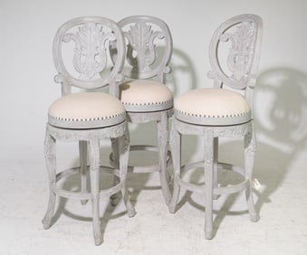 3 French Style Grey Painted Swivel Bar Stools
