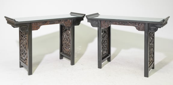 2 Asian Hand Carved Dragon Alter / Hall Tables