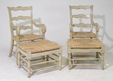 2 French Style Rush Seat Chairs with Foot Stools