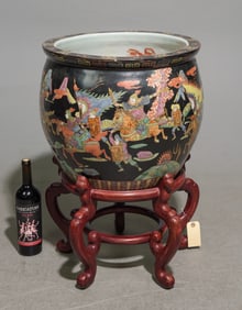 Asian Large Fish Bowl / Planter on Wood Stand #1