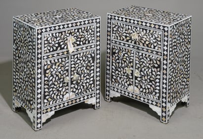 Pair of Modernist Bone Inlaid Black & White Nightstands