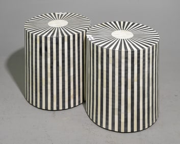 2 Modernist Black & White Bone Inlaid Cocktail Tables
