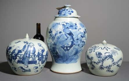 3pcs Asian Blue & White Ginger / Tobacco Jars