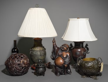 6pcs Asian / Chinese Bronze Lamps, Buddha, Etc.