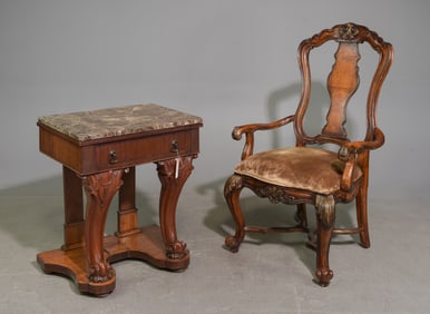 Victorian Style Marble Top Hall Table & Arm Chair