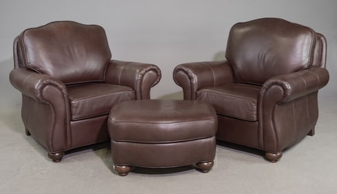 2 Ethan Allen Brown Leather Club Chairs and Ottoman