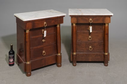 Empire Style Pair of Marble Top Nightstands / Chests