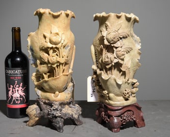 Two Chinese Hand Carved Soapstone Vases