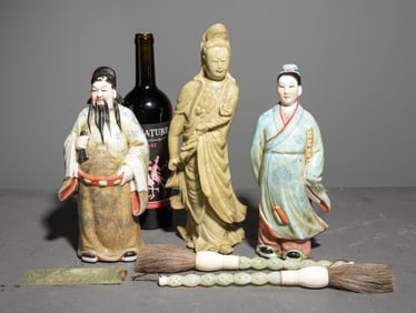 6pcs Asian Soapstone Figure, Jade Brushes, Etc.