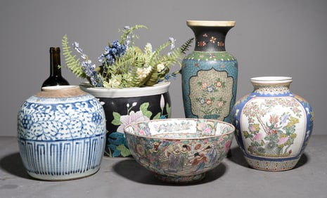 5pcs Assorted Asian Vases, Bowl, Planter, Etc.