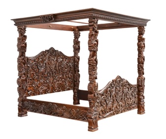 Spanish / Italian Style Finely Carved Canopy Bed