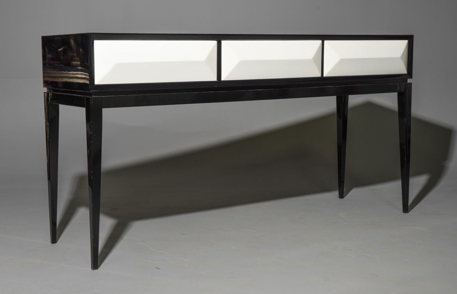 Modern Black Lacquered Console Table with White Drawers: Modern Black Lacquered Console Table with White Drawers - 37 in tall x 71 x 20