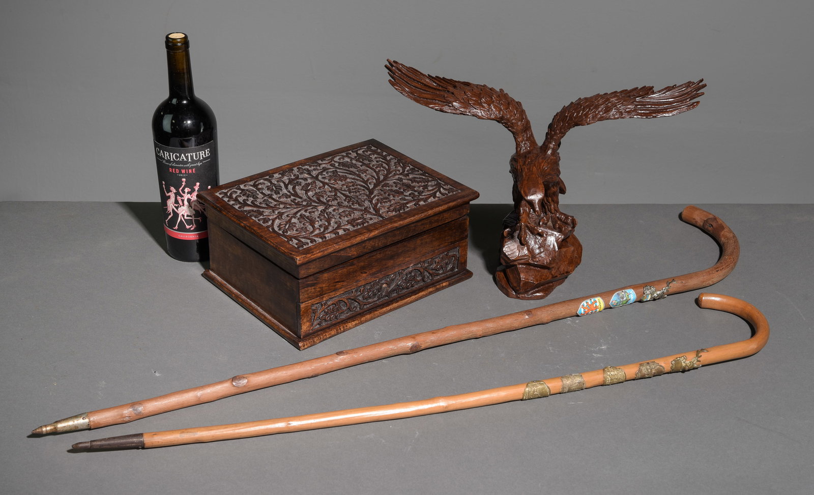 4pcs - Hand Carved Eagle, Two Vintage Canes, Etc: 4pcs - Hand Carved Eagle, Two Vintage Canes, Etc - Eagle is signed Red Mill c.1985 titled "Winged Glory" Limited Edition 367 of 7500 - 11 in tall x 15.5 x 7