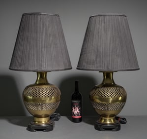 Pair of Brass Finished Latticed Table Lamps