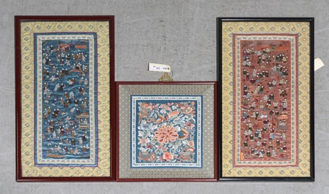 3pcs Asian Framed Hand Stitched Silk Art