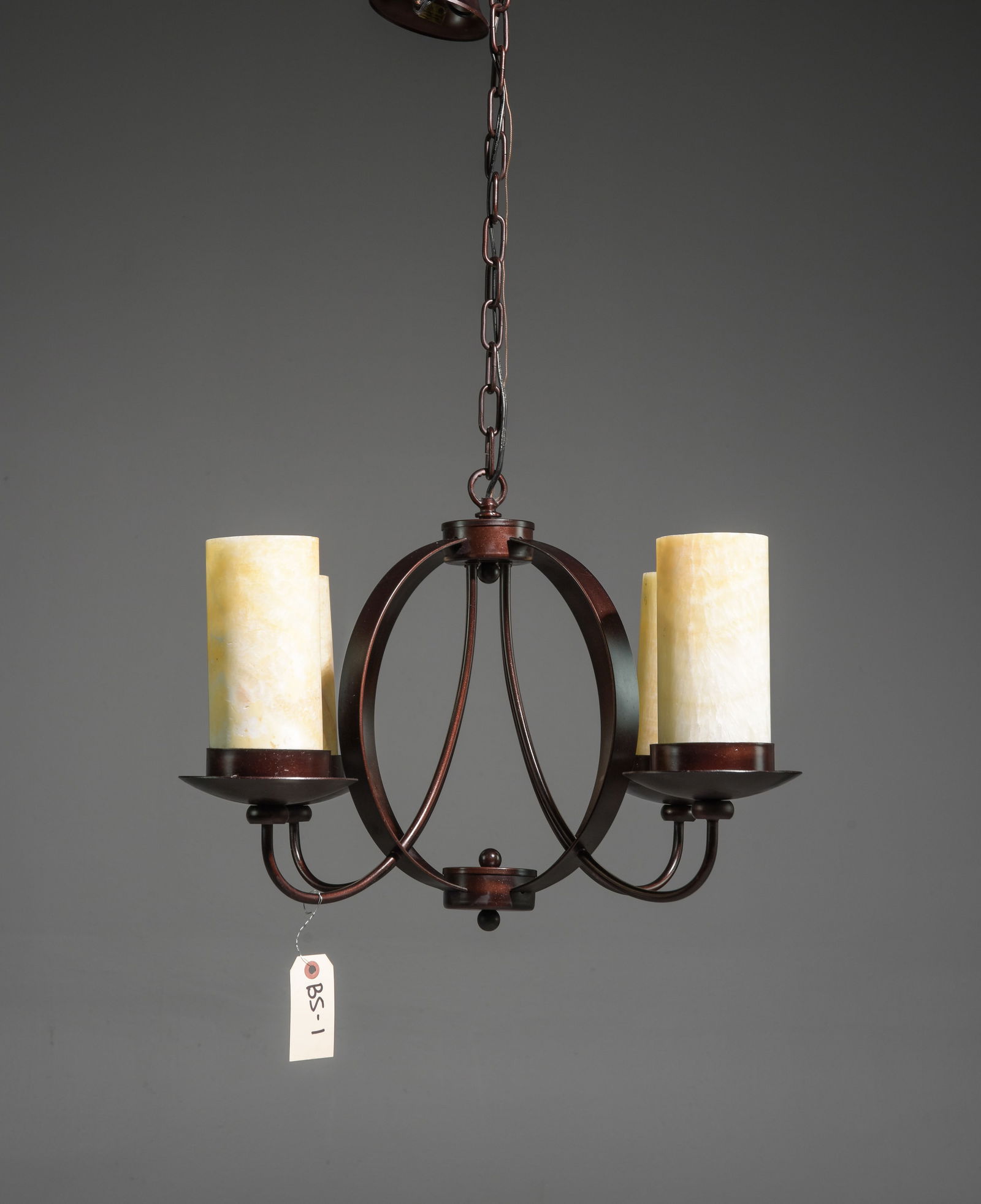 Four Light Metal Chandelier with Alabaster Shades: Four Light Metal Chandelier with Alabaster / Stone Shades - 16.5 in tall x 20 x 20
