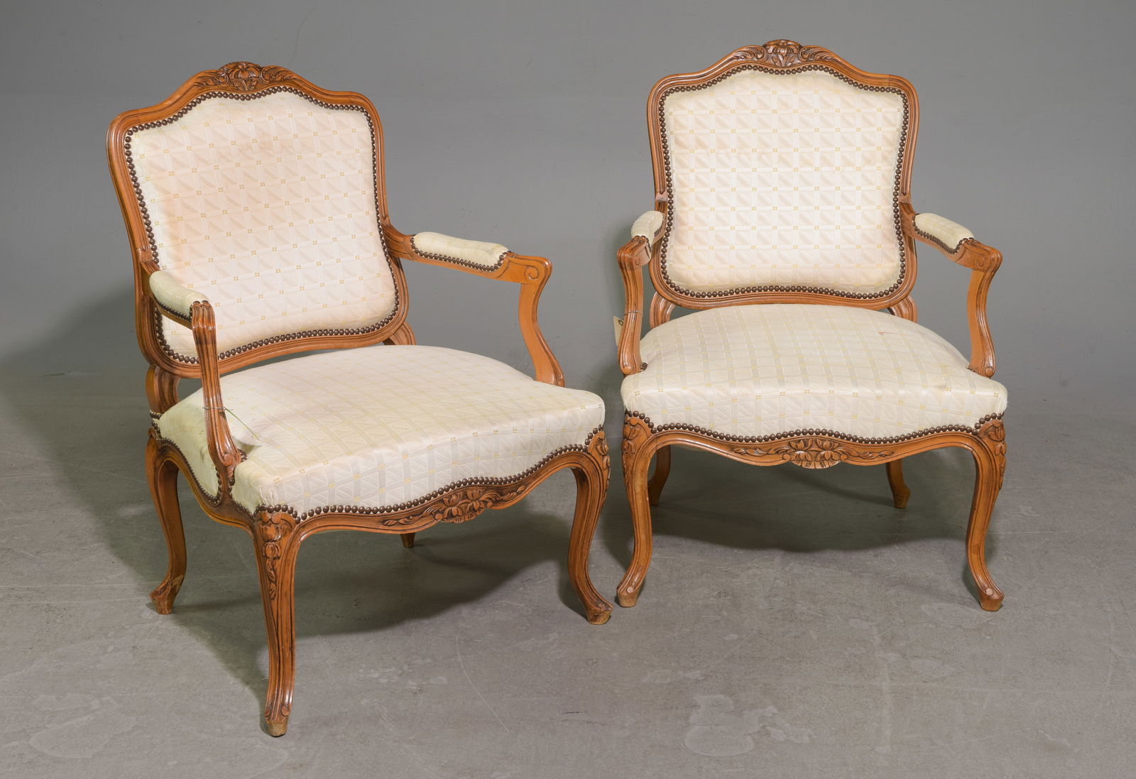 Louis XV Style Pair of Upholstered Arm Chairs: French Louis XV Style Pair of Upholstered Beech Wood Arm Chairs - 37 in tall x 27.5 x 23 each with a seat height of 16 inches