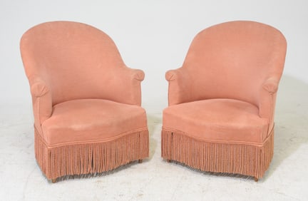 French Pair of Upholstered Crapeau Skirted Arm Chairs