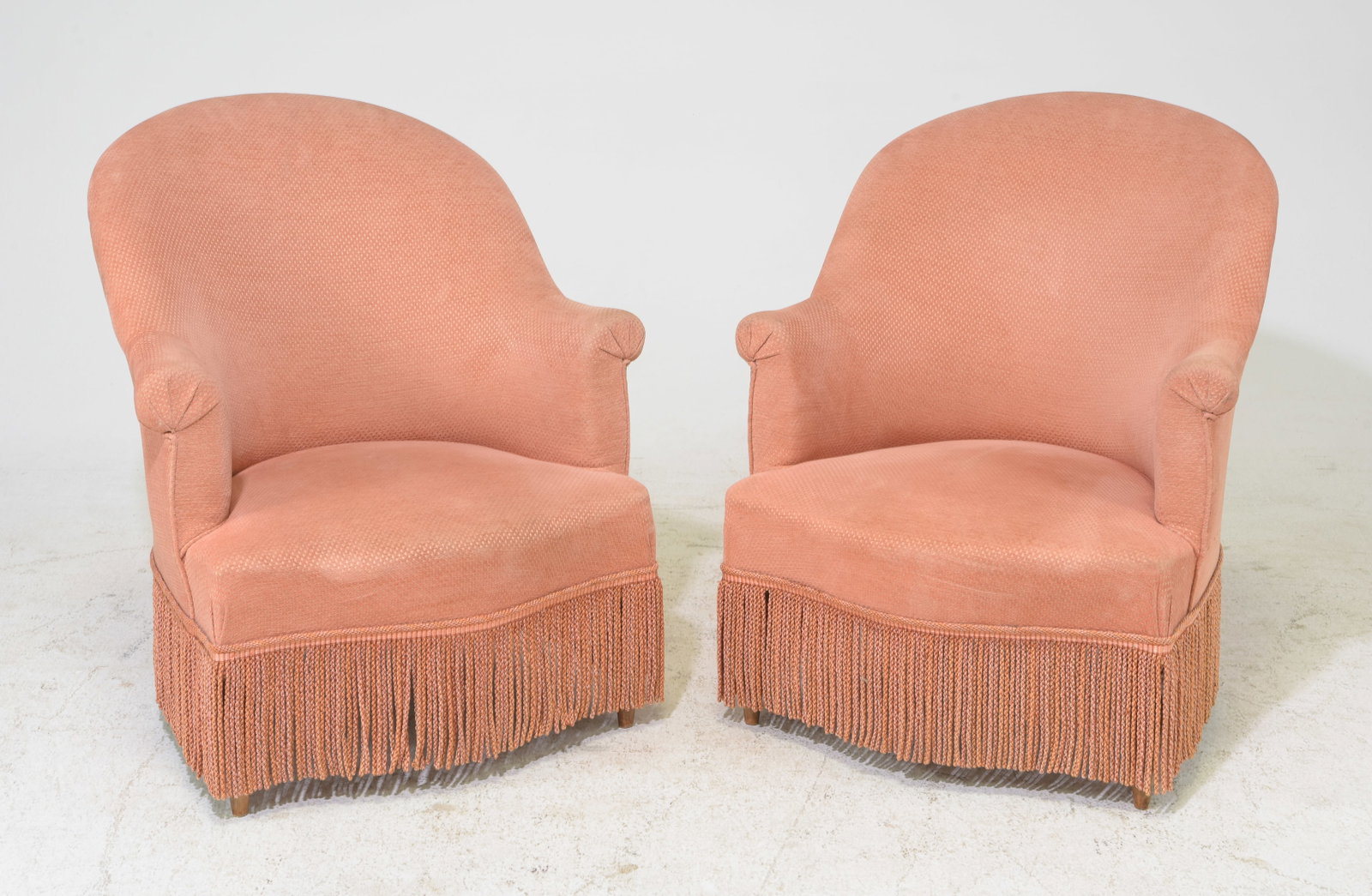 French Pair of Upholstered Crapeau Skirted Arm Chairs: French Pair of Upholstered Crapeau Skirted Arm Chairs - 33 in tall x 28 x 28.5 each with a seat height of 14 inches