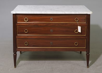 Louis XVI Style White Marble Top Mahogany Chest