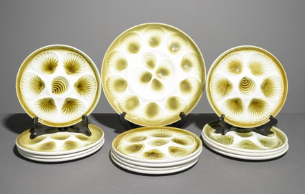 French Green Scallop Plate Set - Platter & 12 Plates