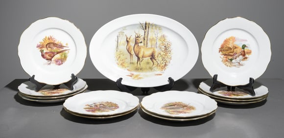 French Hunt / Pheasant Plate Set - Platter & 12 Plates