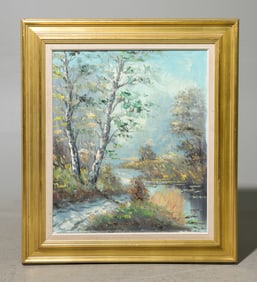 Gold Framed Oil on Canvas Landscape - Signed