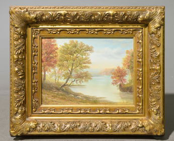 Gold Framed Oil on Canvas Lakeside Landscape