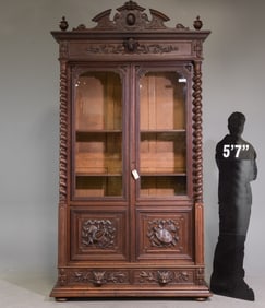 Renaissance Style Carved Oak Double Door Bookcase