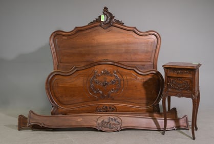 Louis XV Style Walnut Bed with Rails & Nightstand