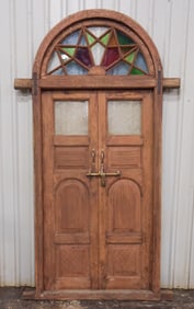 Large Wood Framed Arched Door with Stained Glass #1