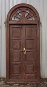 Large Arched Top Wood Door with Painted Glass