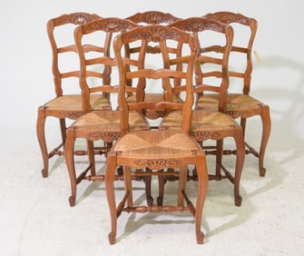 Louis XV Style Set of 6 Oak Rush Seat Chairs