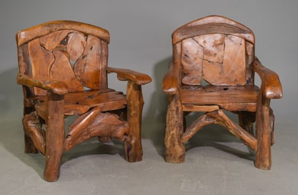 Two Rustic Teak Wood Ranch Style Arm Chairs