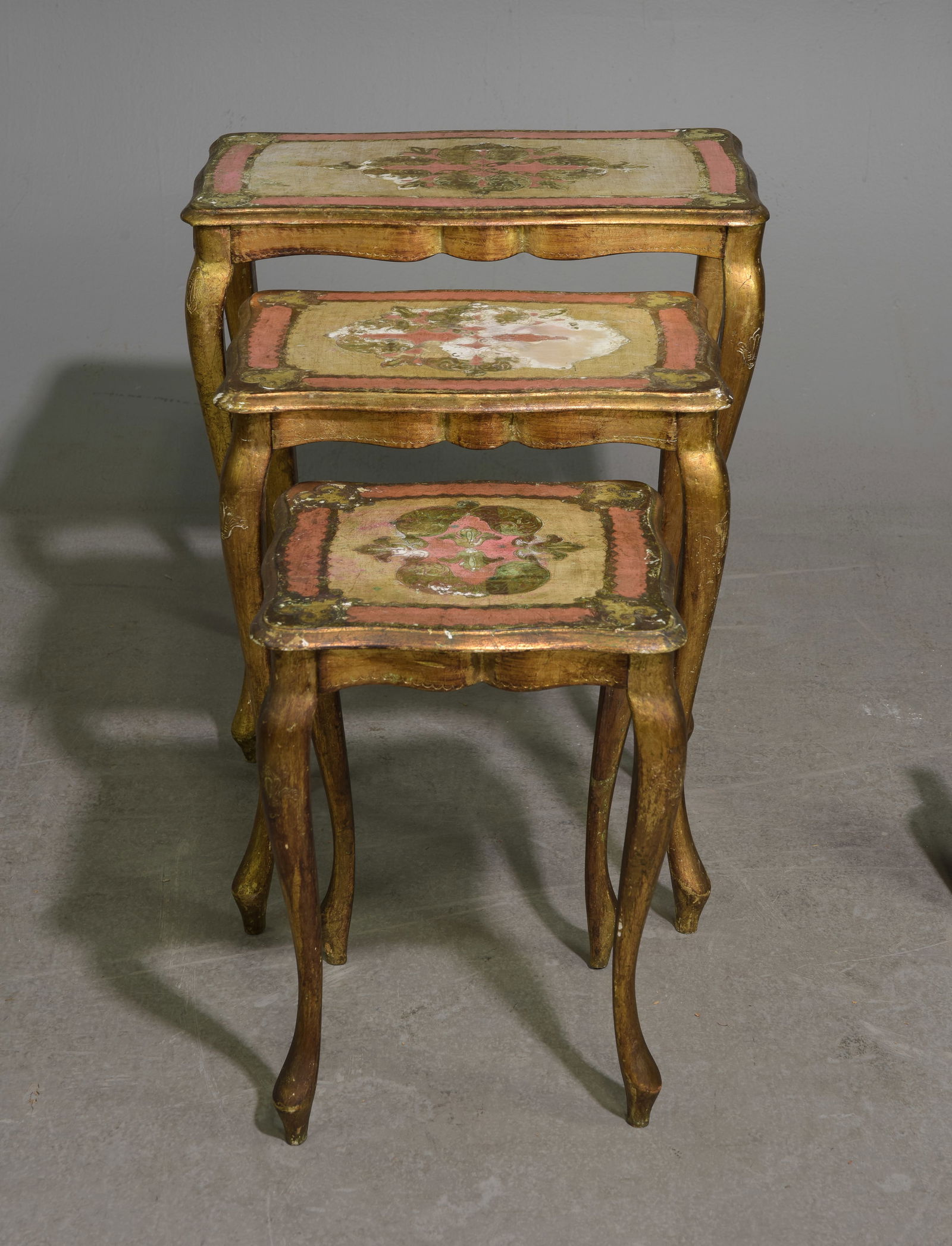 Florentine Nest of Three Tables: Florentine Nest of Three Tables - 22.5 in tall x 21.5 x 13.5, 20 in tall x 16.5 x 12.5 and 17.5 x 12.5 x 12.5