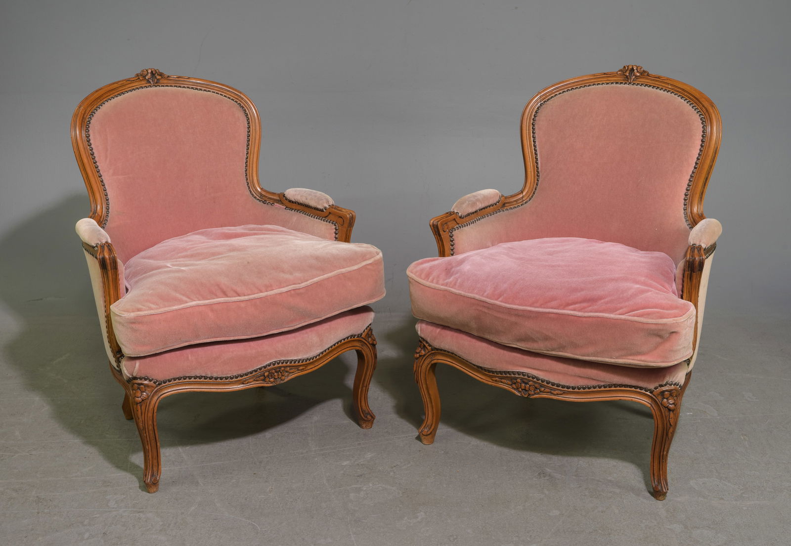 Louis XV Style Pair of Bergere Arm Chairs: French Louis XV Style Pair of Bergere Arm Chairs - 36 in tall x 28 x 28.5 each with a seat height of 21 inches