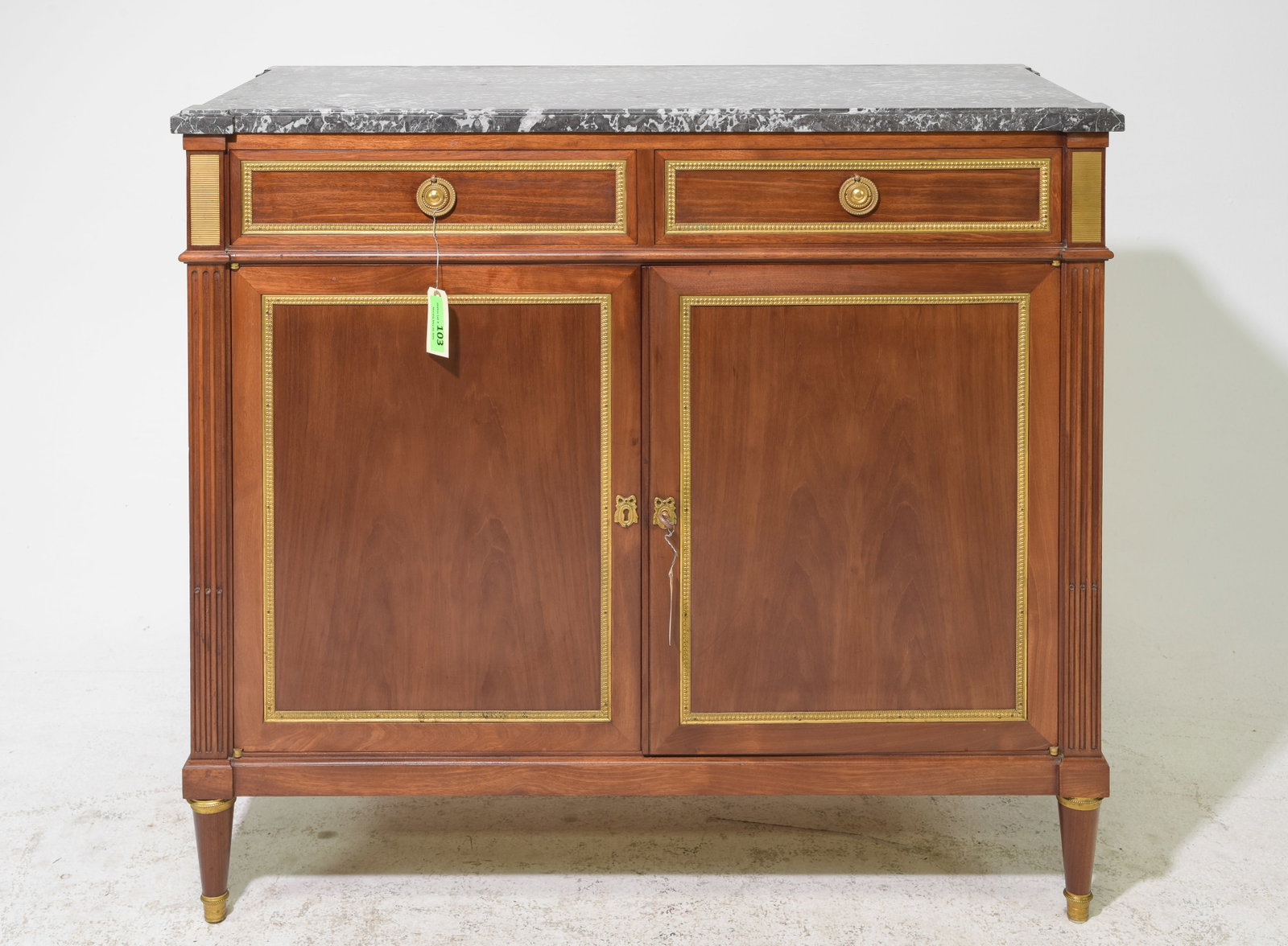Louis XVI Style Grey Marble Top Buffet: Louis XVI Style Grey Marble Top Buffet with Gilded Accents - 39.75 in tall x 44.25 x 20.75