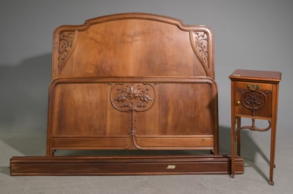 Art Nouveau Style Walnut Bed with Rails & Nightstand