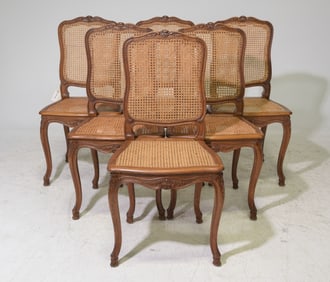 Louis XV Style Set of 6 Oak Caned Dining Chairs
