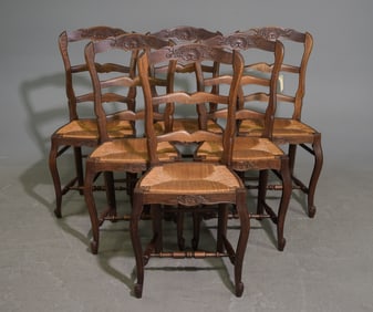Louis XV Style Set of 6 Oak Rush Seat Chairs