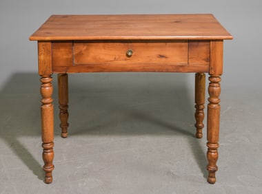 French Rustic Turned Leg Table with Drawer