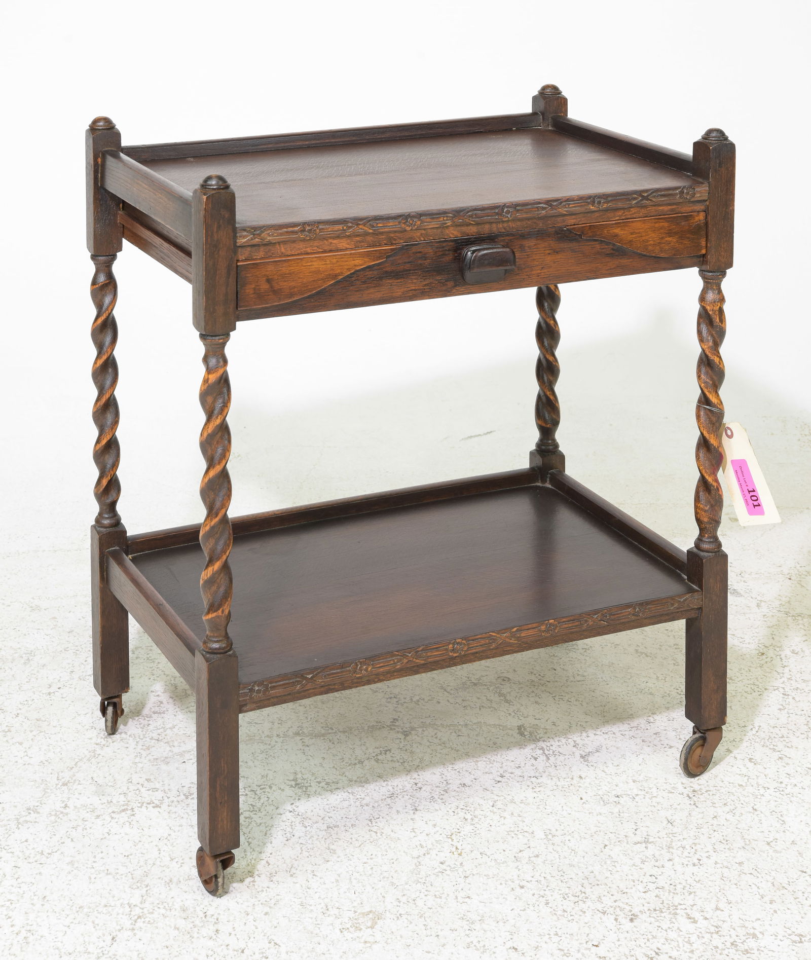 British Oak Barley Twist Trolley with Drawer: British Oak Barley Twist Trolley with Drawer c.1920's-30's - 31 in tall x 24 x 15