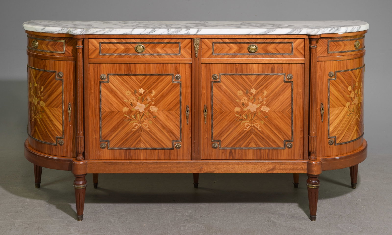 Louis XVI Style White Marble Top Curved Sideboard: French Louis XVI Style White Marble Top Curved Inlaid Sideboard / Enfilade - 40.5 in tall x 80 x 22