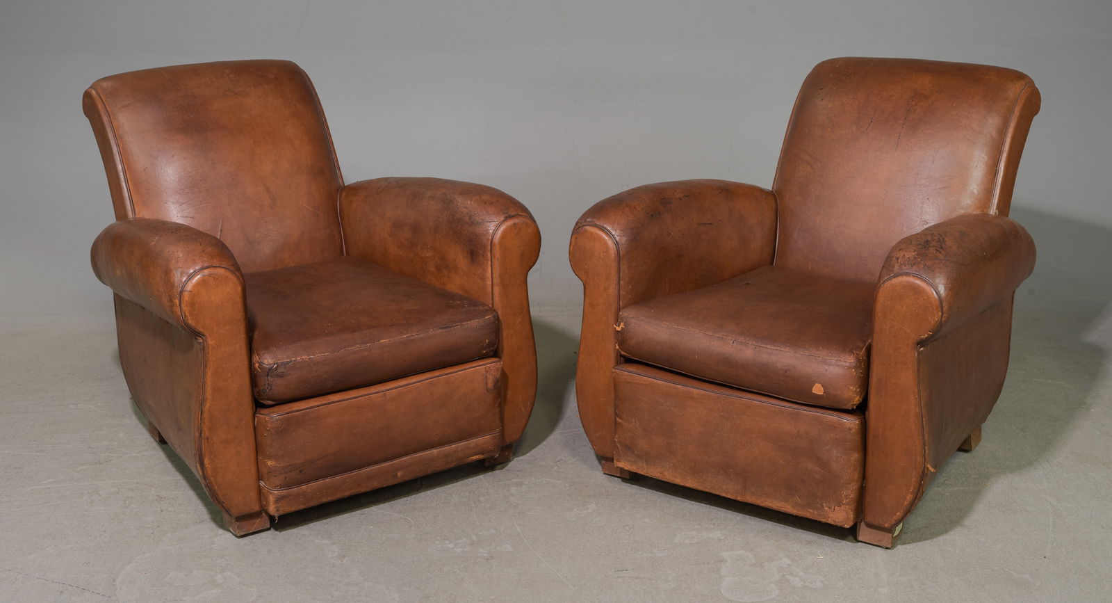French Brown Leather Pair of Club Chairs (1 of 9)