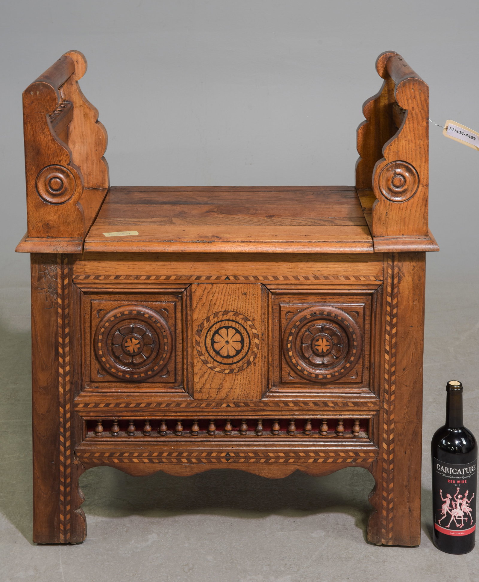 French Breton Style Oak Lift Seat Bench: French Breton Style Oak Lift Seat Bench - 33.5 in tall x 28.5 x 15.5, Seat height is 22.25 inches