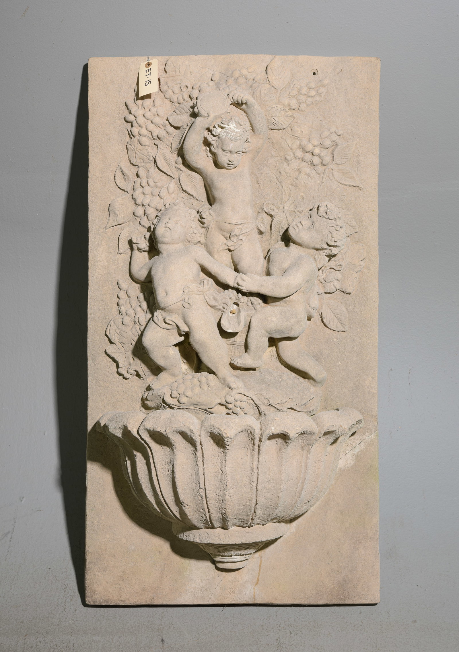Neo-Classical Style Cast Wall Fountain with Cherubs: Neo-Classical Style Cast Wall Fountain with Cherubs - 42 in tall x 22 x 12