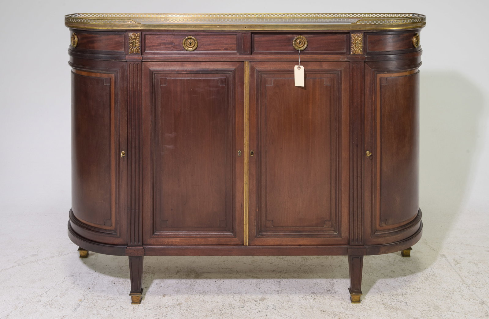 Louis XVI Style Curved Marble Top Sideboard: French Louis XVI Style Curved Marble Top Sideboard with Gallery - 44 in tall x 61 x 18