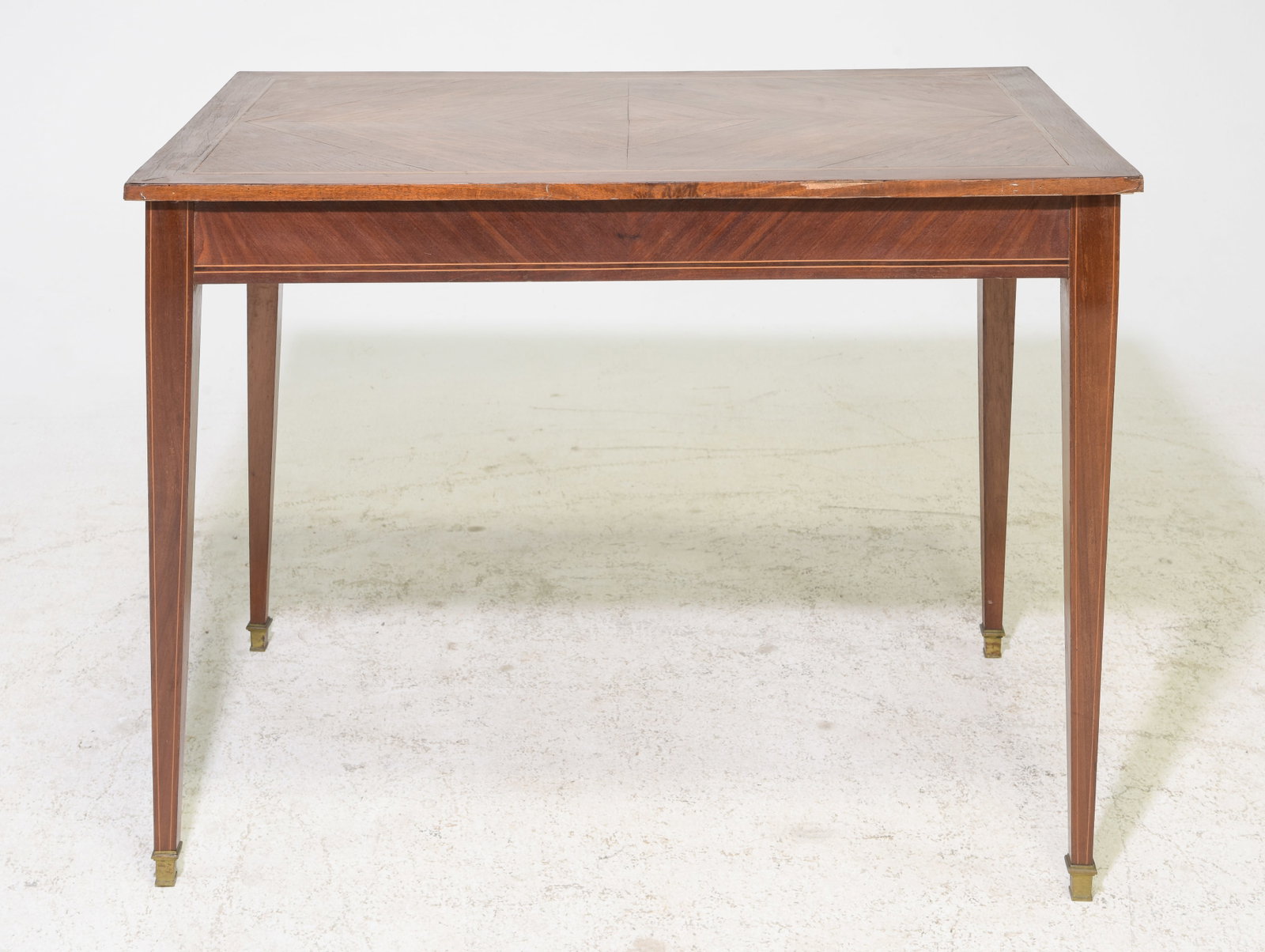 French Mahogany Writing Table with Tapered Legs: French Mahogany Writing Table with Tapered Legs - 29.5 in tall x 39.5 x 23.5, Floor to apron is 24 inches and the space between the legs is 35 inches