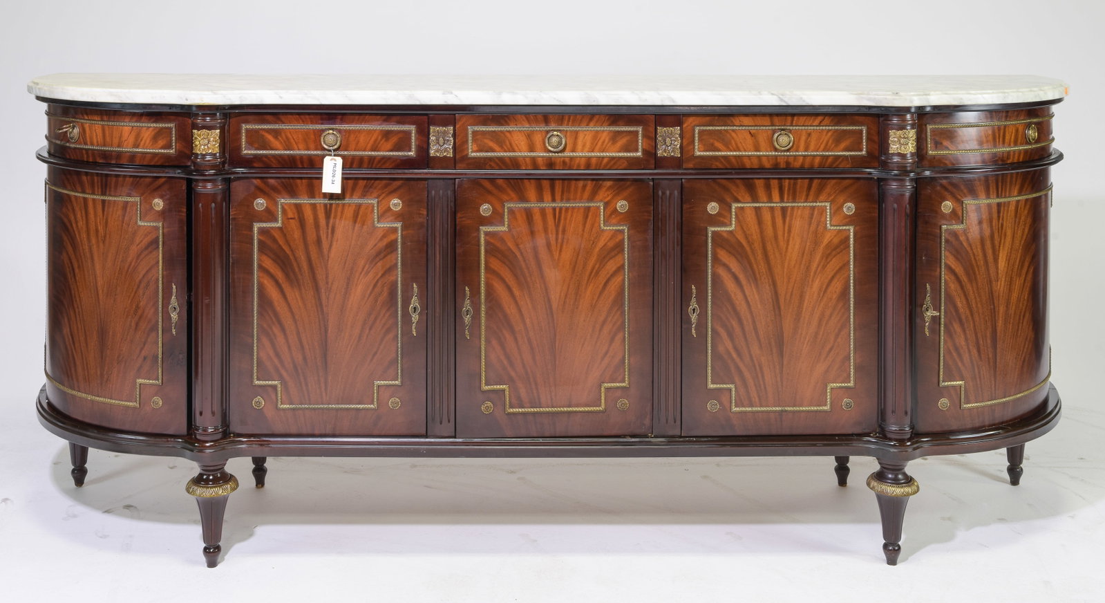 Louis XVI Style White Marble Top Long Curved Sideboard: French Louis XVI Style White Marble Top Long Curved Mahogany Sideboard / Enfilade c.1940's-50's - 42.25 in tall x 102 x 22.5